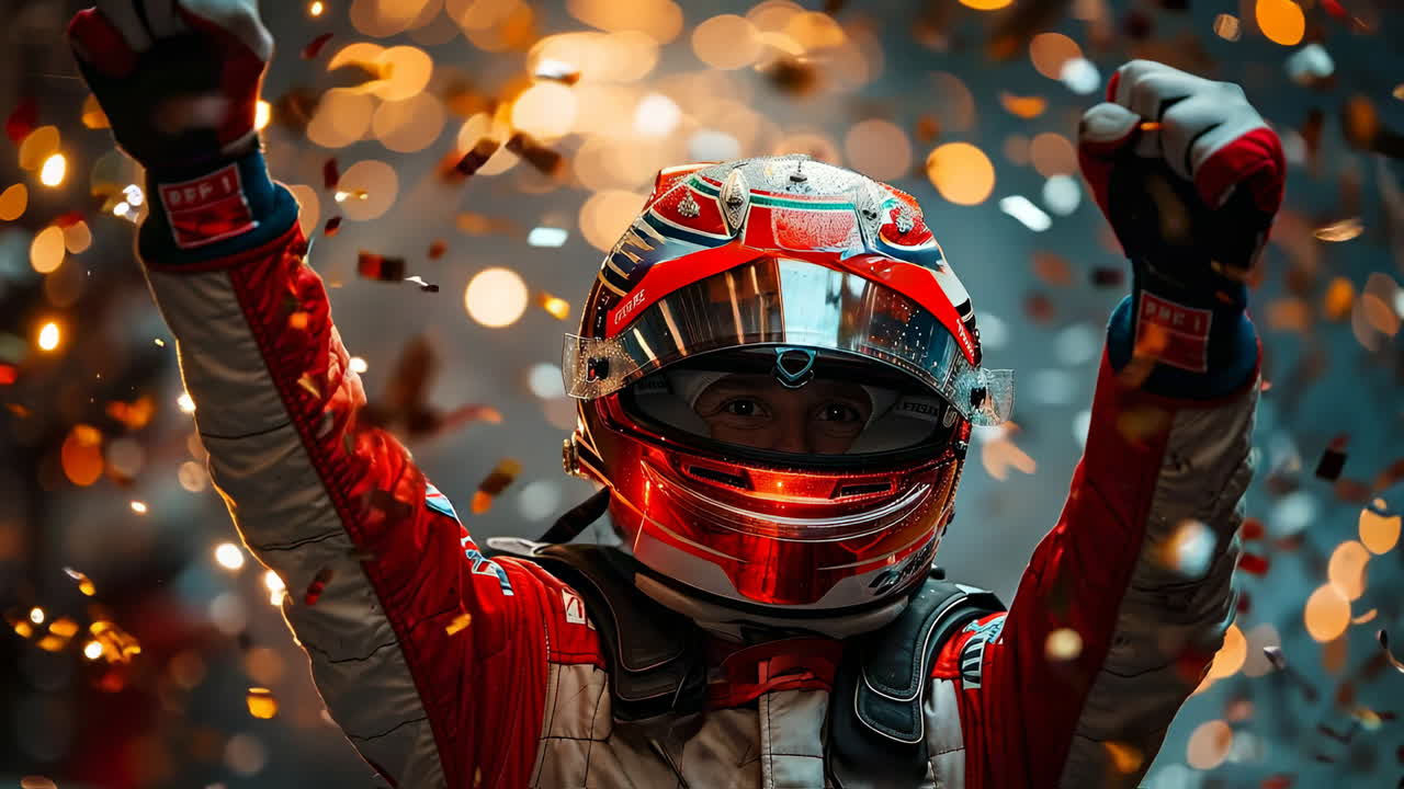 Victory in an exciting race!. Racer celebrates after winning a high-speed competition, surrounded by confetti and cheering fans at night