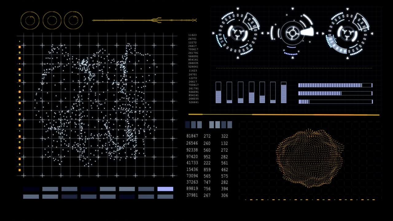 HUD technological futuristic elements. Elements of the sci-fi circle appear and disappear in the HUD pattern. Graph, Scale, Text, Rotation, Animation. Statistical data.