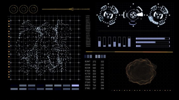 HUD technological futuristic elements. Elements of the sci-fi circle appear and disappear in the HUD pattern. Graph, Scale, Text, Rotation, Animation. Statistical data.