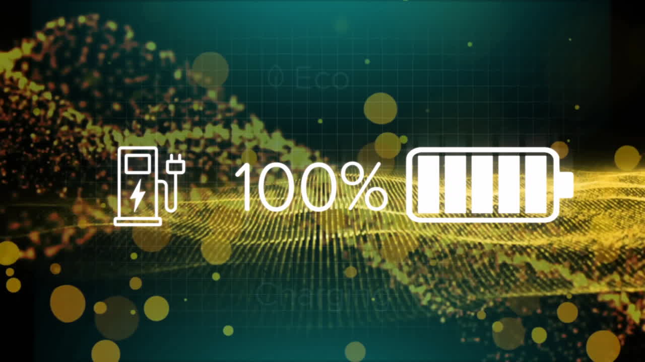 100% 배터리로 충전하는 애니메이션, 친환경 에너지 기호 및 입자