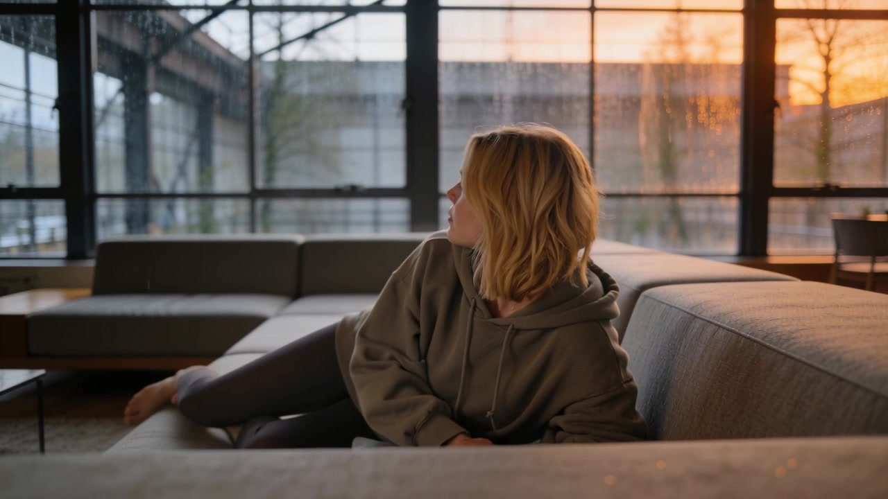 Donna in felpa con cappuccio e leggings che si sistema sul divano, seguendo la luce del tramonto attraverso finestre bagnate.