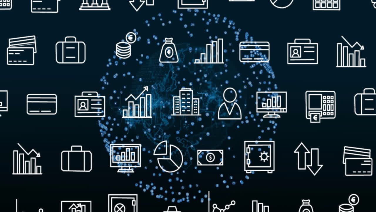 animación de la red de conexiones con íconos de negocios en el globo