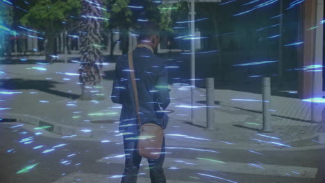 business professional using smartphone on urban street crossroad, displaying tech light streaks