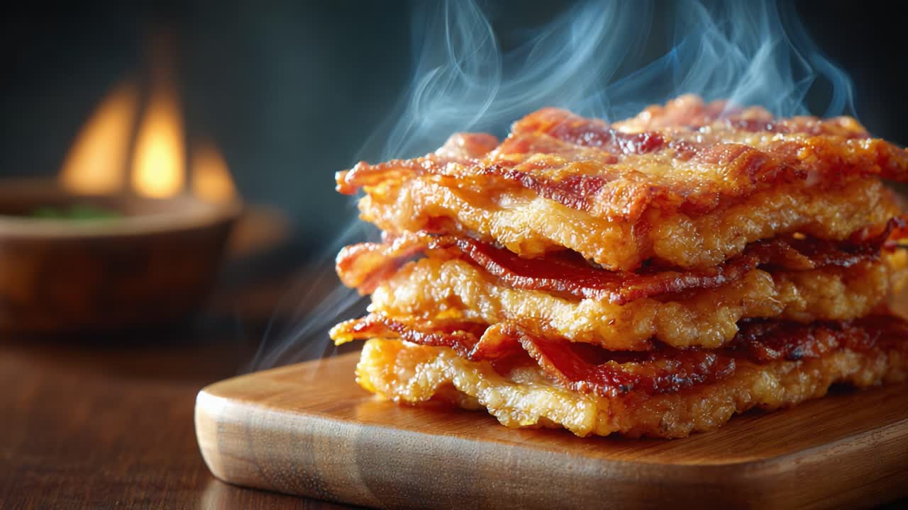 Delicious Crispy Bacon Stacks on Wooden Board with Steam Rising, Perfectly Cooked for a Mouthwatering Culinary Experience