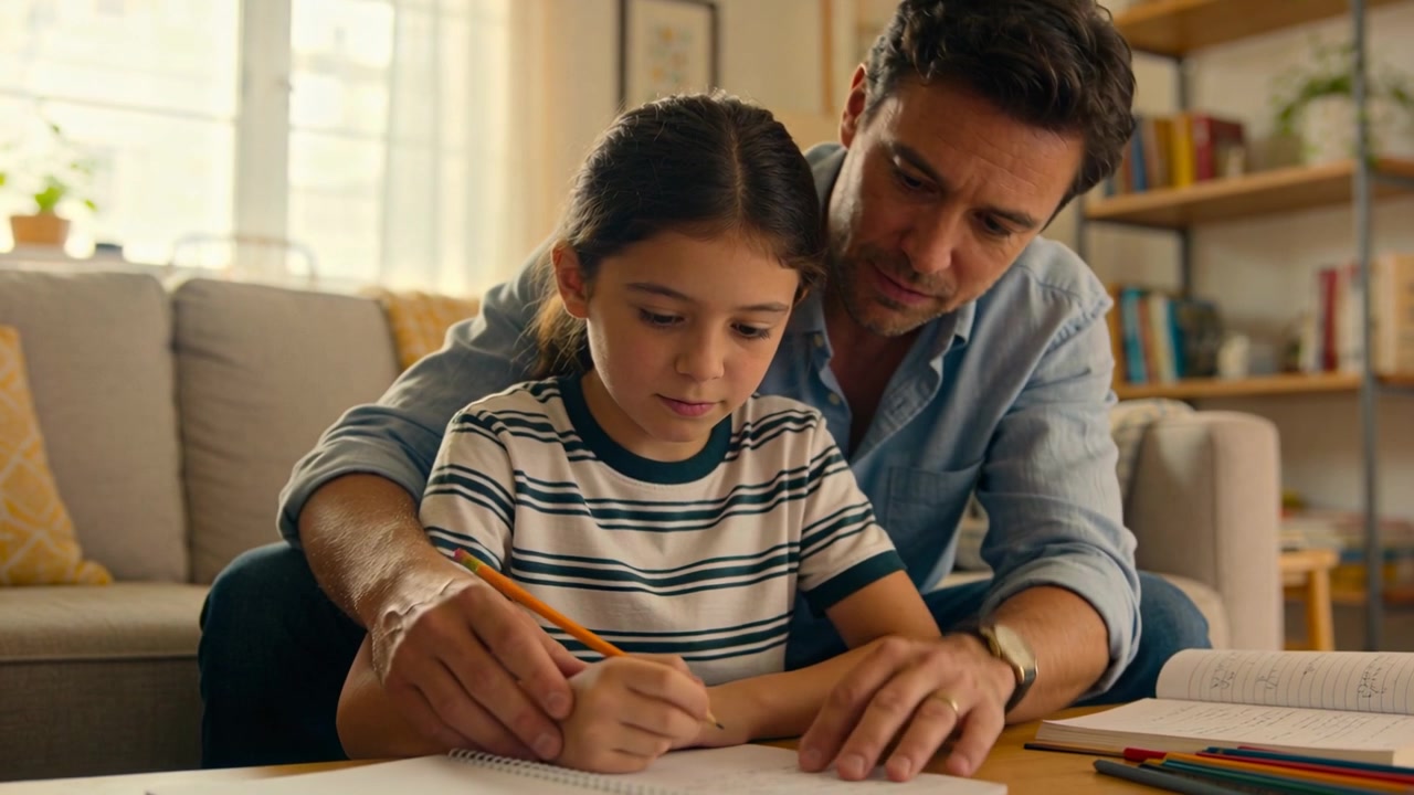 Papá con camisa azul guiando, inclinándose sobre la niña, colocando su mano sobre un lápiz amarillo mientras le enseña a escribir en casa.