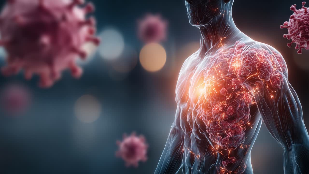 Una visualizzazione intricata del corpo umano che combatte i virus, mostrando una rappresentazione luminosa degli organi vitali in un contesto biologico dinamico