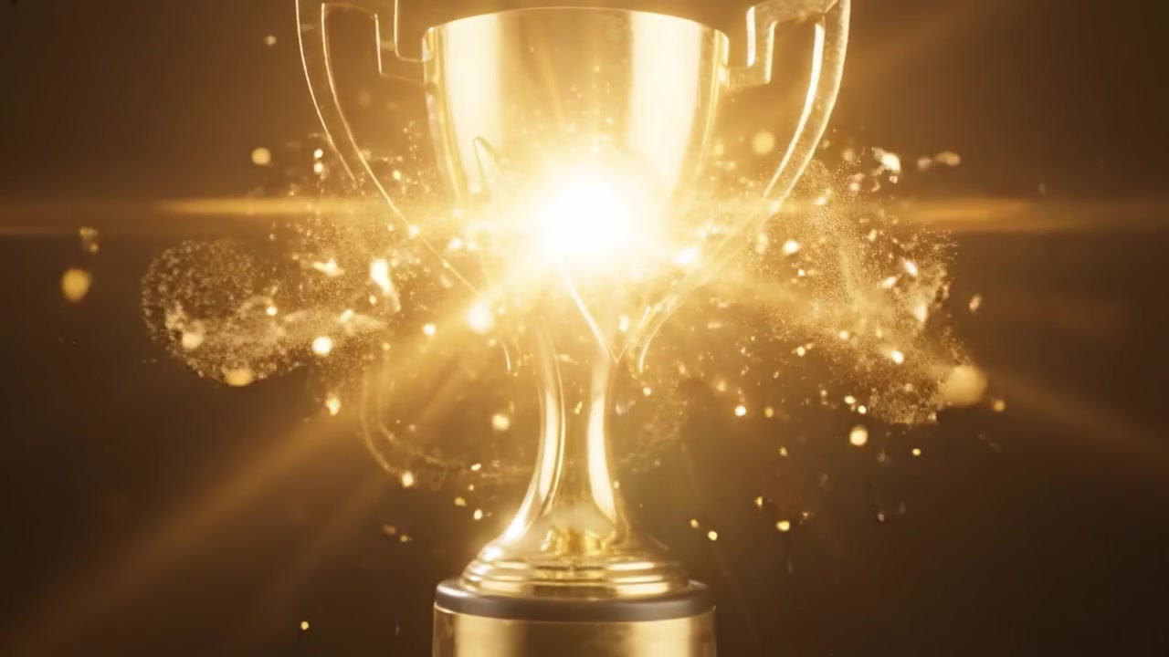 Shining Golden Trophy Captured in Two Dramatic Frames, Highlighting Its Elegant Design and Reflective Surface Against a Dark Background