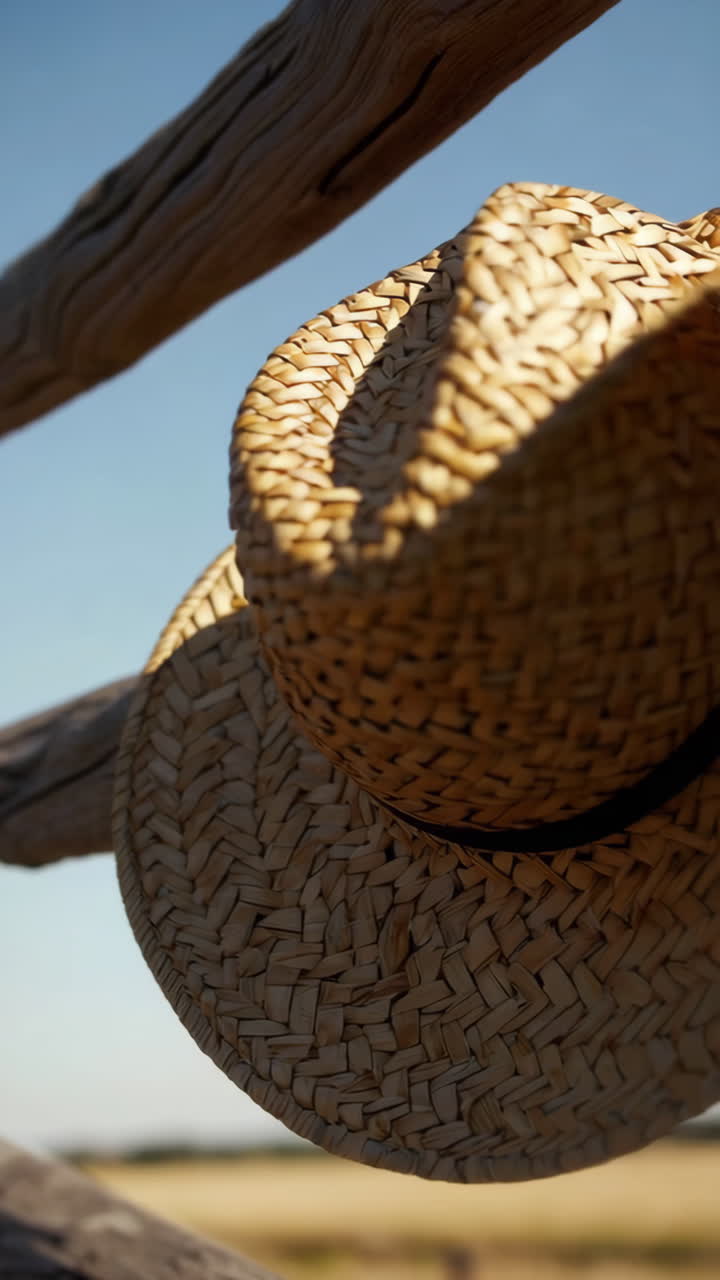 Straw Hat Hanging on a Wooden Fence