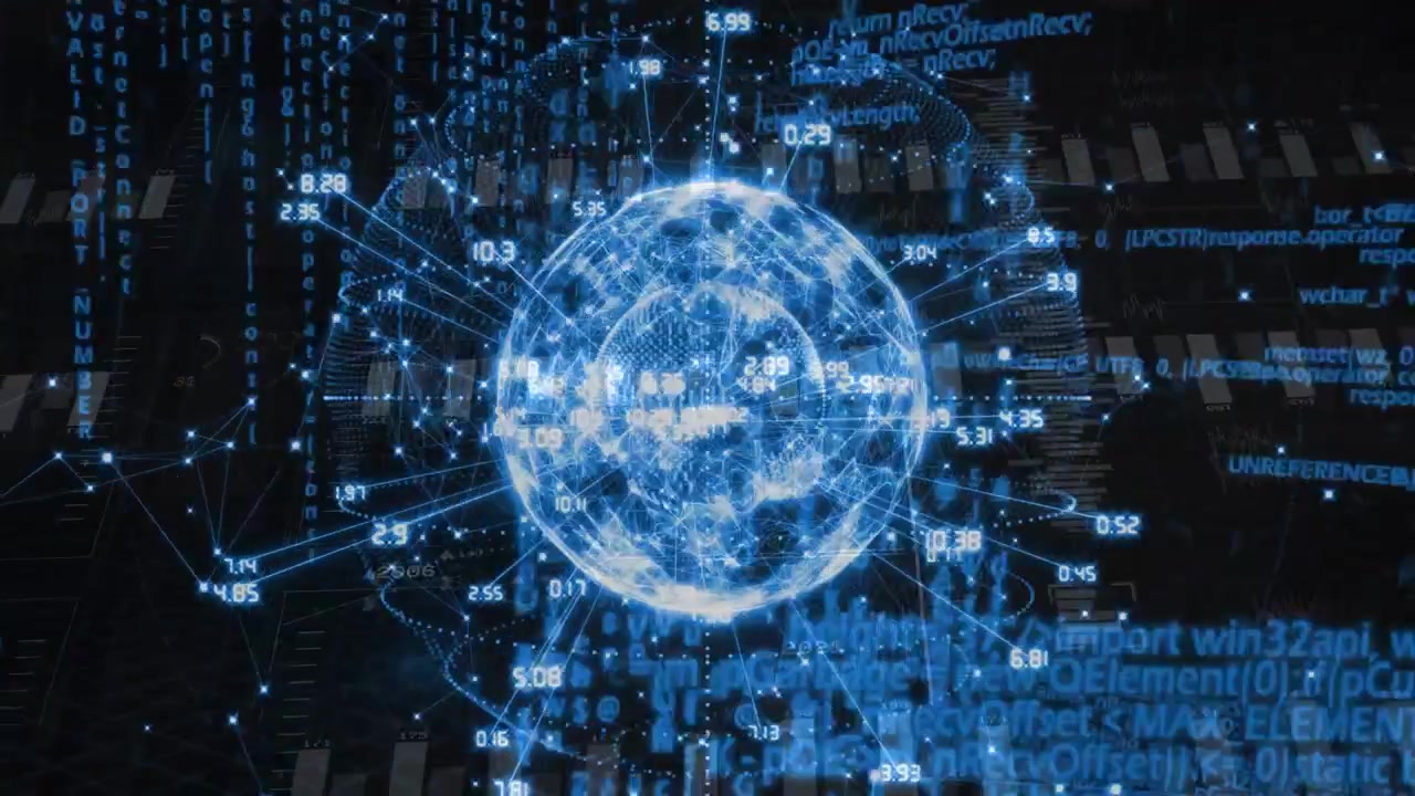 Globo olografico che appare in una dashboard di dati, ruotando mentre un toro si forma e i nodi si aggiornano.