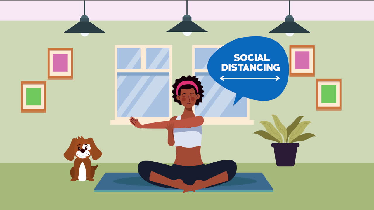 afro woman practicing yoga in home for covid19 prevention method