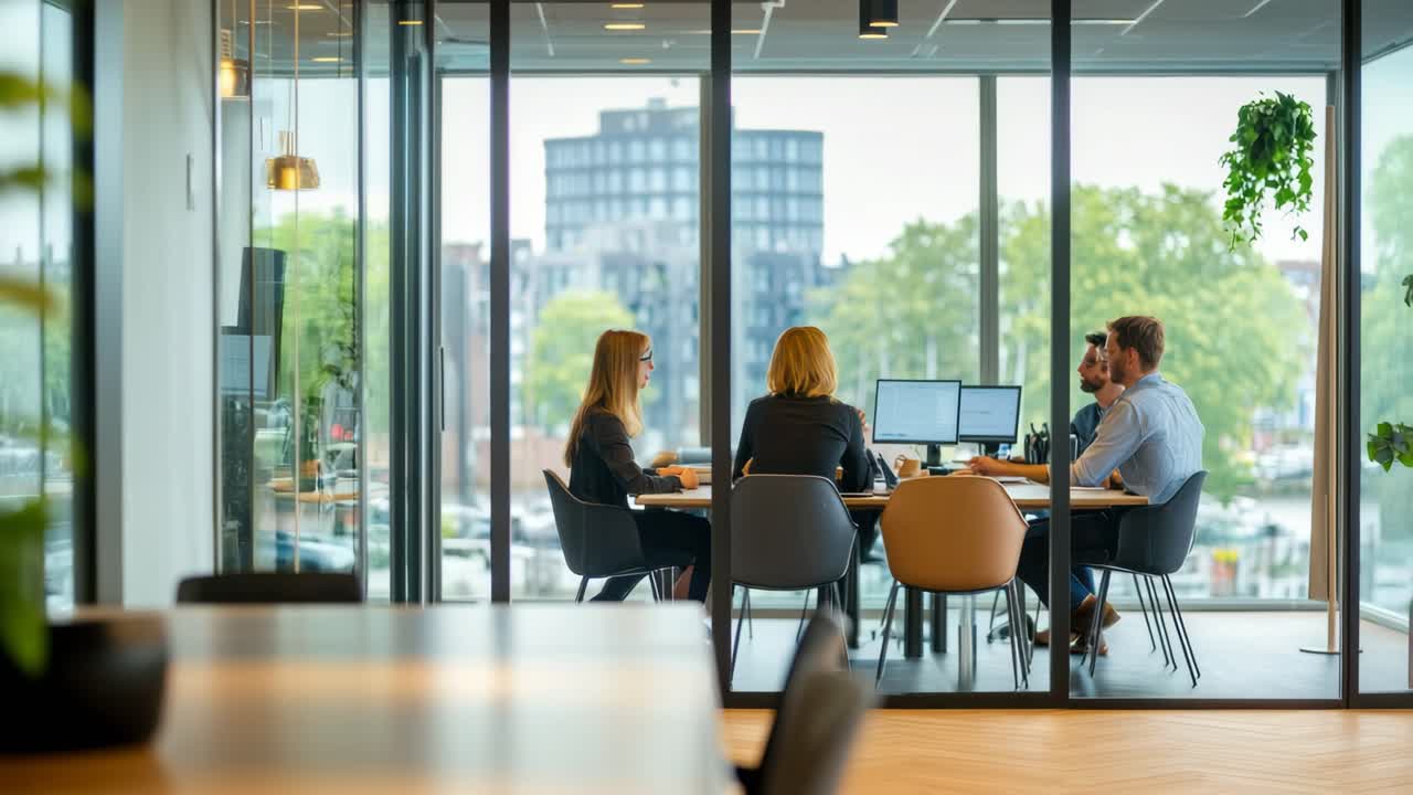 Wide-angle shot of a modern office meeting, capturing a collaborative team discussion
