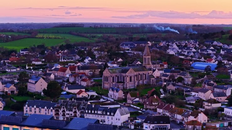 Panoramic View Port-en-Bessin-Huppain In The Calvados Department In The Normandy Region In Northwestern France. Aerial Shot