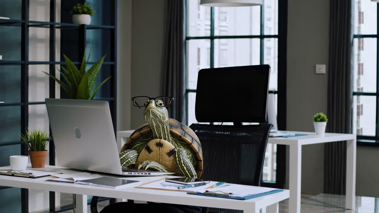 A turtle with glasses sits at a desk with a laptop in a modern office