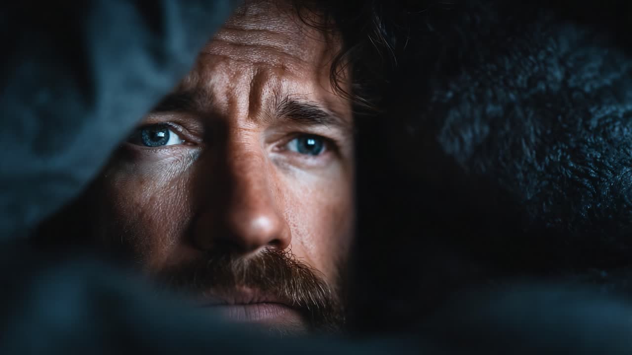 Intense Reflection: A Man's Emotional Journey Captured in the Shadows of Isolation and Self-Discovery, Revealing Deep Thoughts and Feelings Through His Expressive Eyes