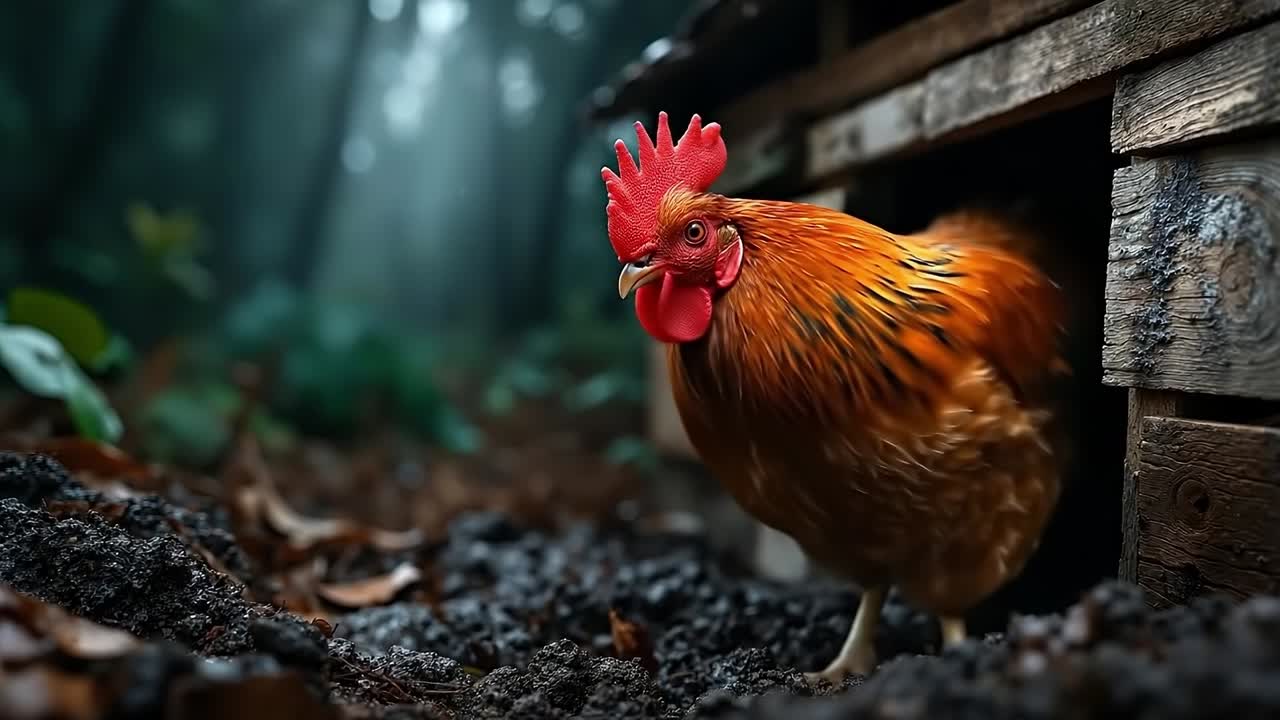A rooster standing in the dirt next to a wooden coop