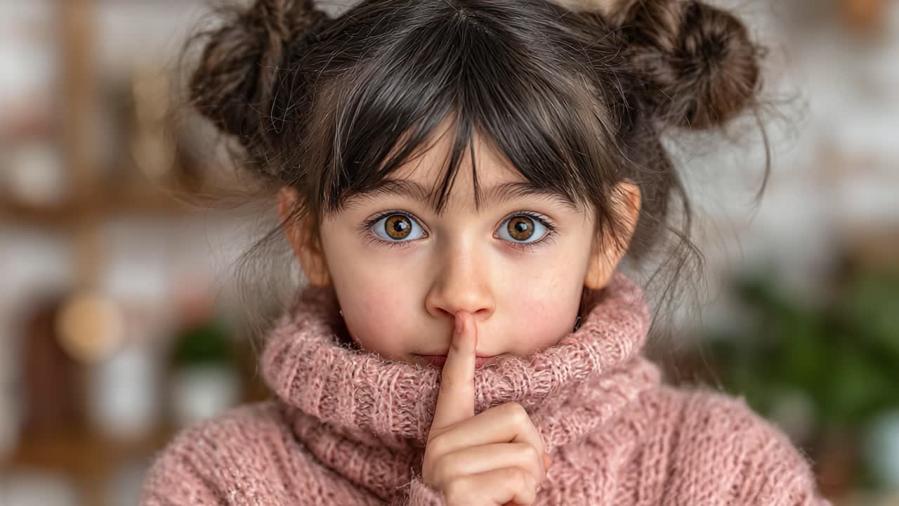 A Young Girl in a Cozy Sweater Hushes with a Finger to Her Lips, Capturing the Essence of Innocence and Playfulness in Her Expression