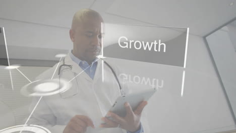 doctor wearing lab coat holding tablet and navigating digital business growth network in clinic