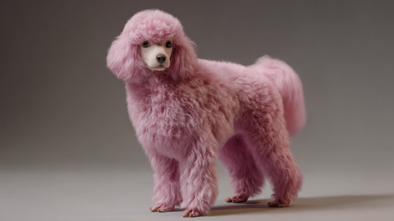 Un adorabile barboncino rosa posa elegantemente con illuminazione da studio, mettendo in mostra il suo pelo vaporoso e lo stile unico su uno sfondo neutro delicato