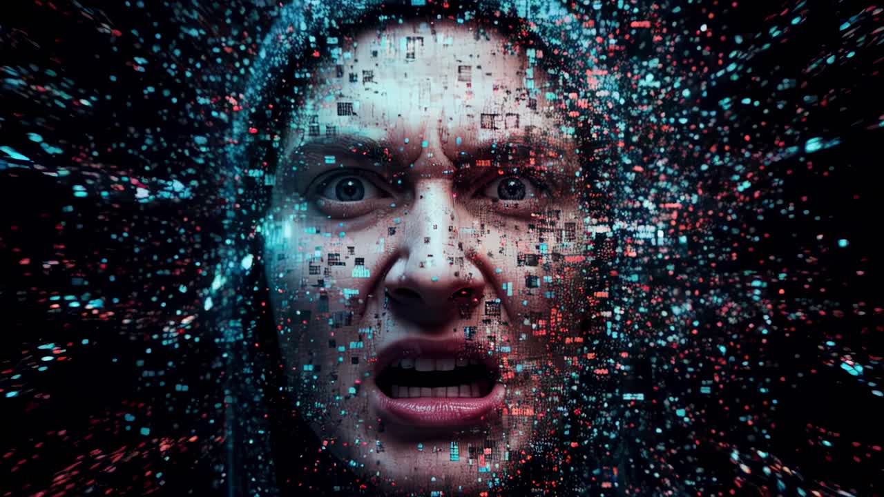 Emotionally charged digital portrait captures intense expression of frustration amid a swirling vortex of pixels in a dark setting