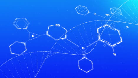 animation of scientific data processing and dna strand over blue background