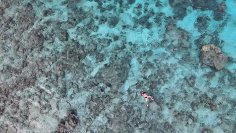 Top-View-Of-Female-Tourist-Swimming-At-The-Clear-Waterscape-Of-Bali-Sea,-Indonesia