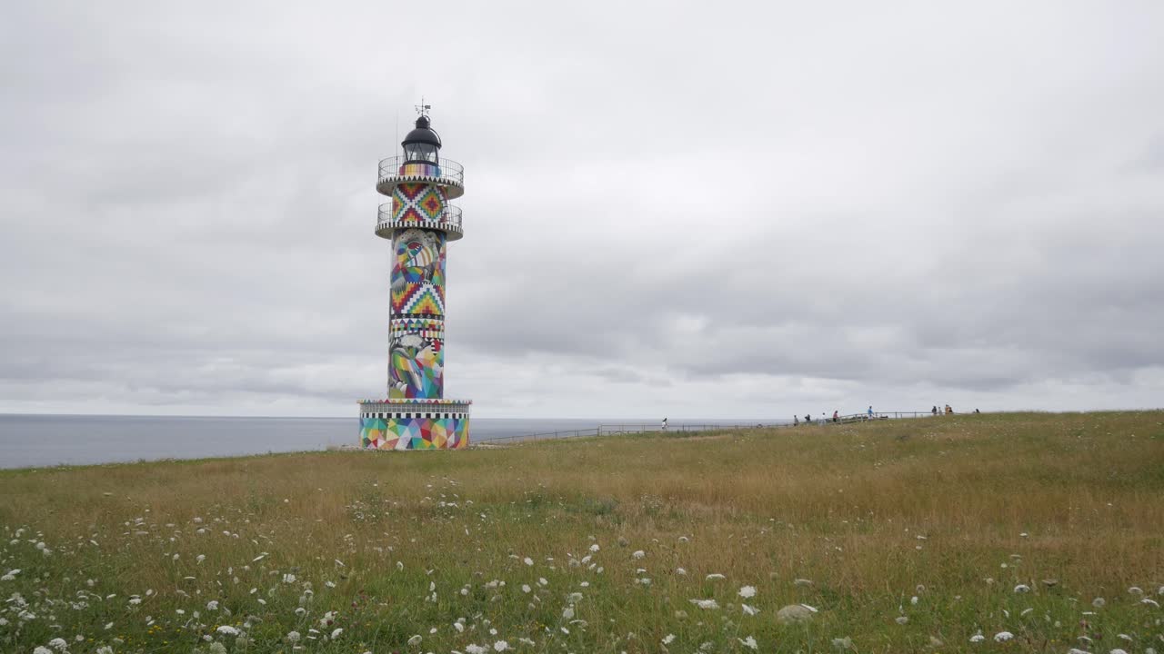 Colorful lighthouse with scenic field and sky, Faro de Ajo, Cantabria, Spain