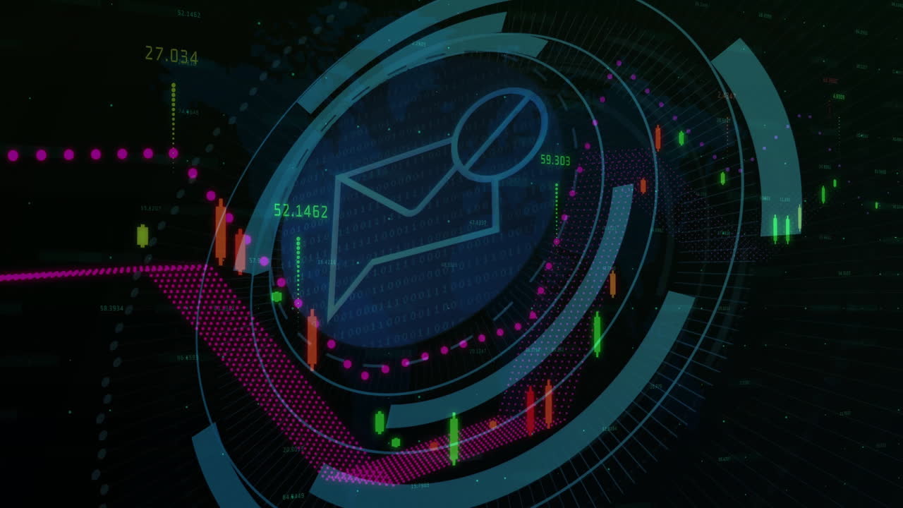 메일 아이콘의 애니메이션, 암흑 바탕에 스 스캔을 통해 디지털 데이터 처리