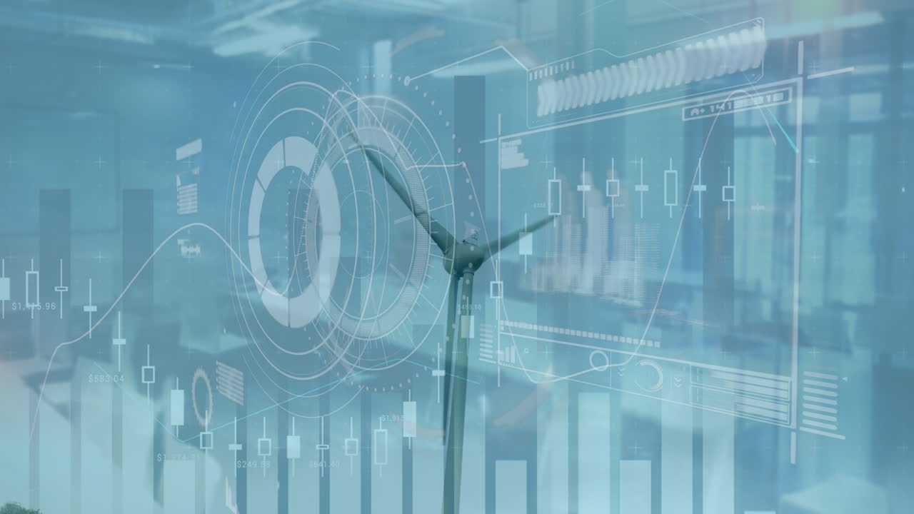 빈 사무실과 배경에서 회전하는 풍차에 대한 통계 데이터 처리