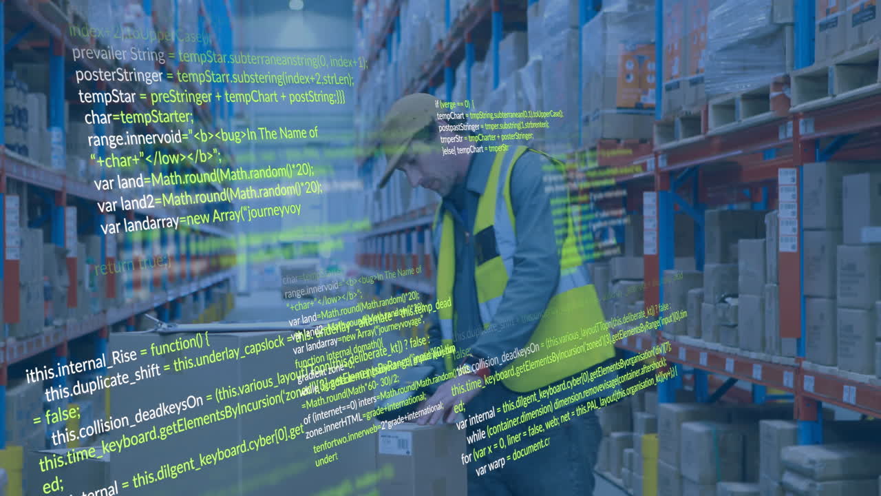 Animation of data processing over caucasian male worker in warehouse