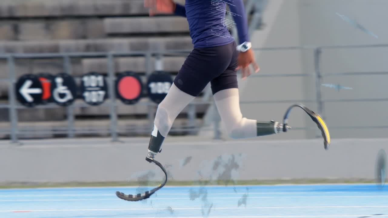 Male teen athlete entering frame from right, sprinting left on blue athletics track, testing blades