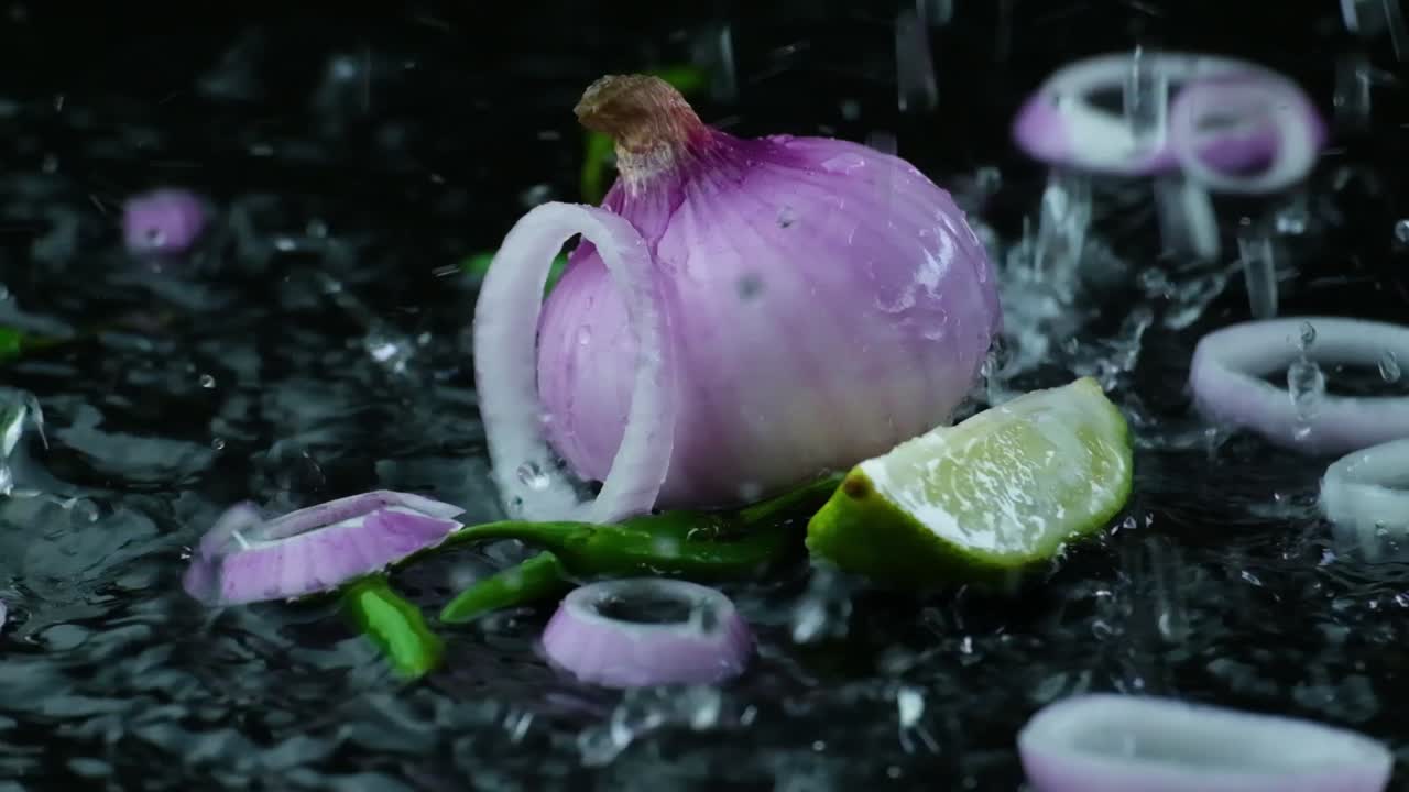 Slow Motion Reversed Shot of Onion Rings and an Onion, a Lime Quarter and Green Chilis being Splashed with Rain Water
