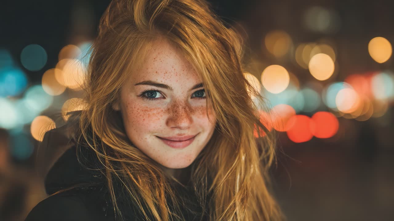A Charming Portrait of a Young Woman with Freckles and Radiant Hair Captured Against a Beautifully Blurred Colorful Night Background, Exuding Joy and Warmth
