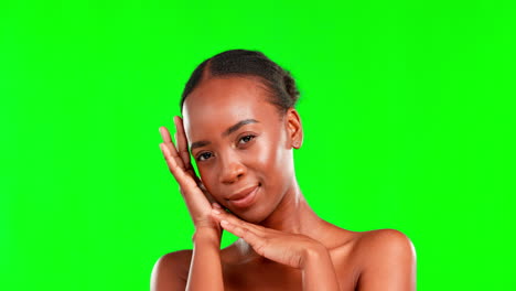 face, skincare and a black woman on a green screen