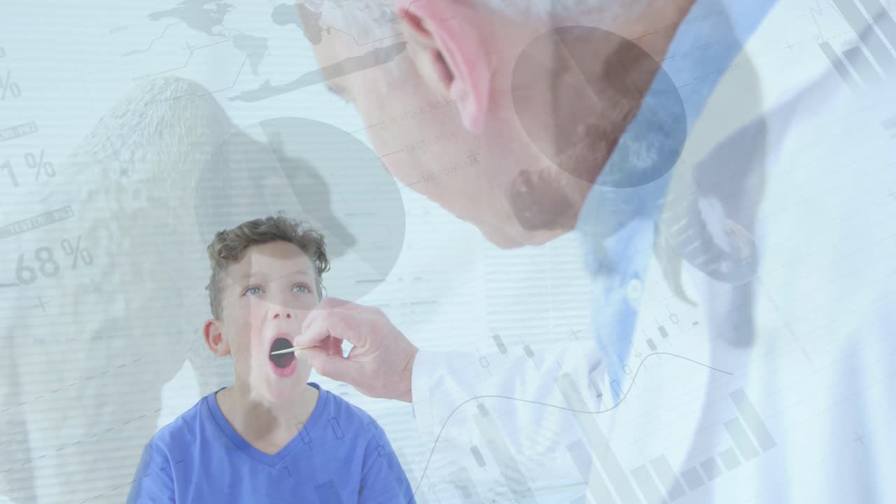 젊은 환자와 함께 백인 남성 의사에 대한 데이터 처리 애니메이션