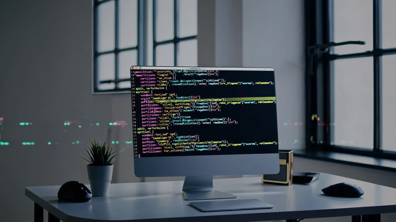 Moderne arbejdsområde med en computer, der viser kode, filmet fra en side engel
