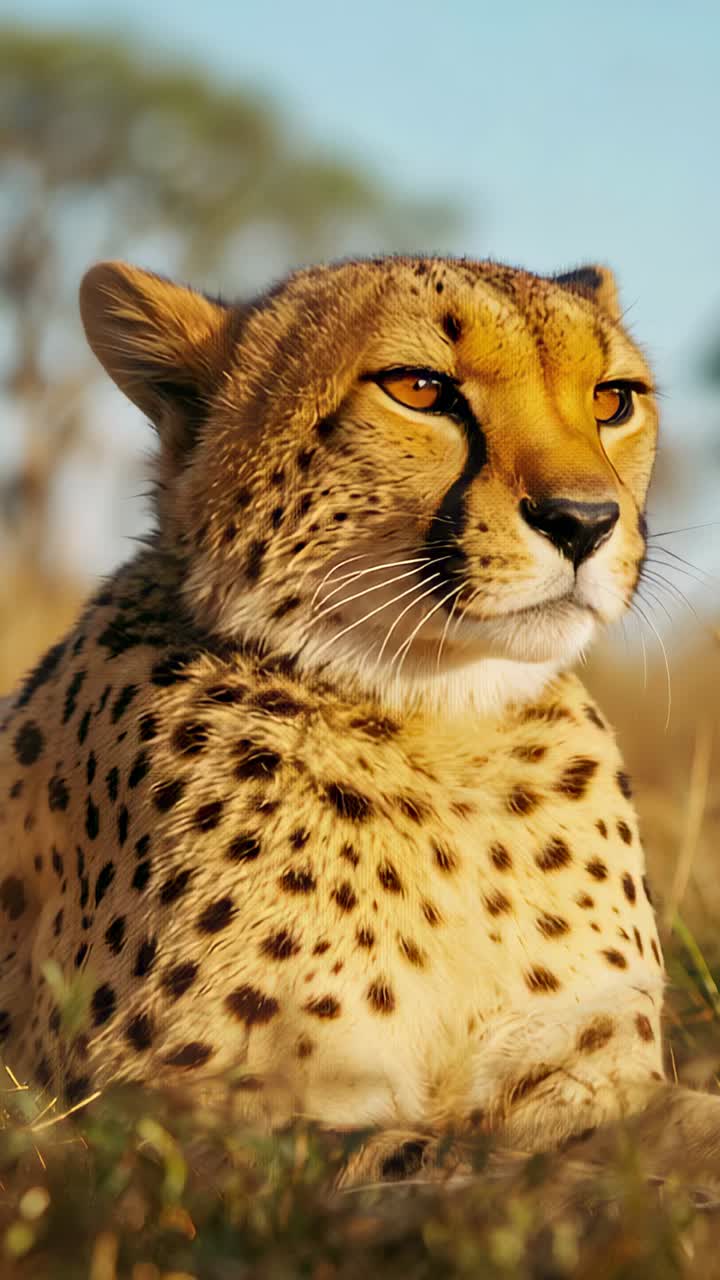 Vertical video: Turning cheetah tracking distant movement in sunlit savanna with blurred acacia