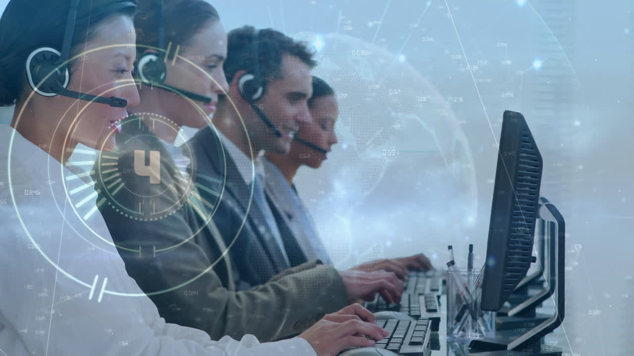 Animation of data processing over diverse business people using phone headsets