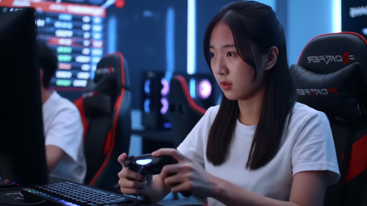 eスポーツ環境で競技する、集中したゲーマー。コントローラーを使った激しいゲームプレイ、デジタルバトルへの没入、最新のゲームアリーナでスキルと戦略を披露。