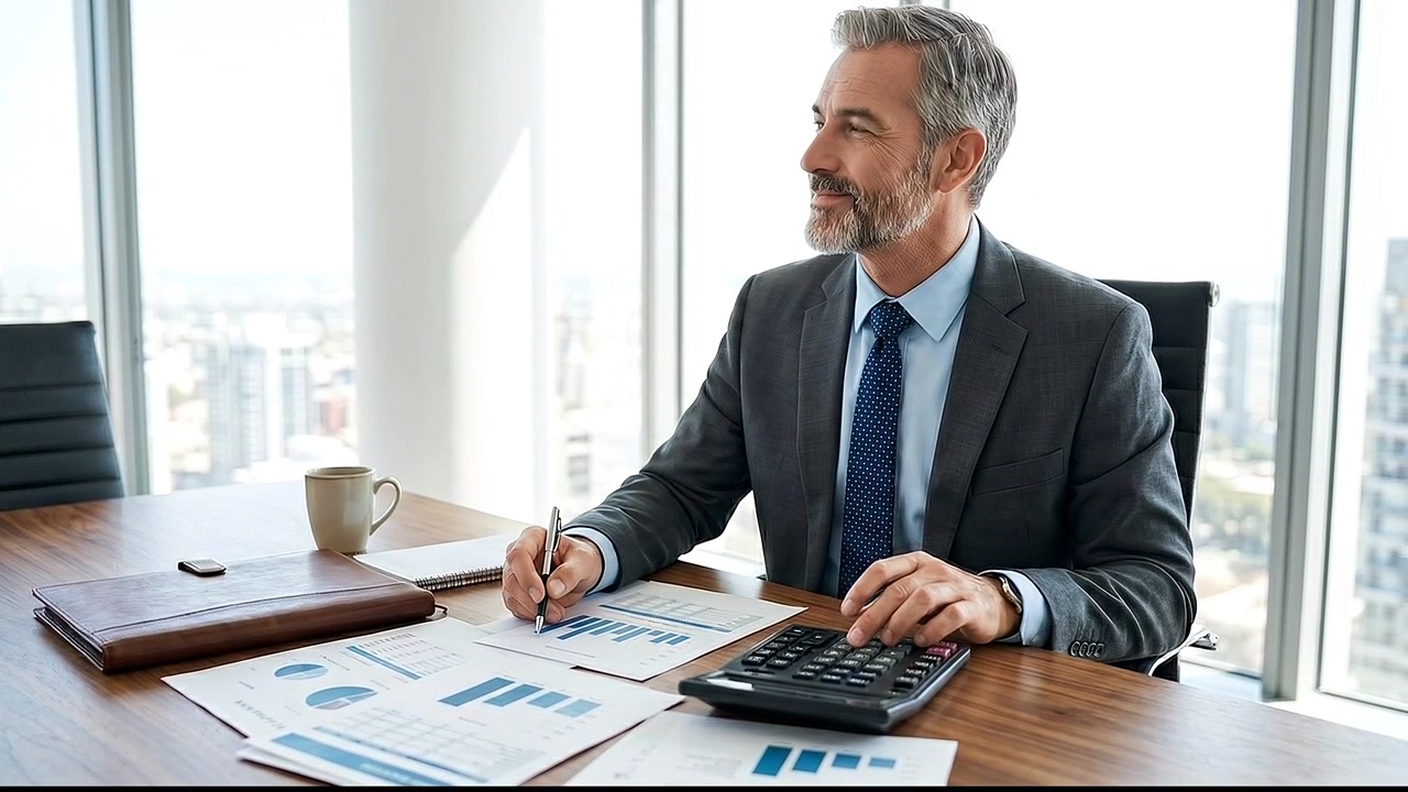 Uomo d'affari maturo che calcola dati finanziari in un ufficio moderno