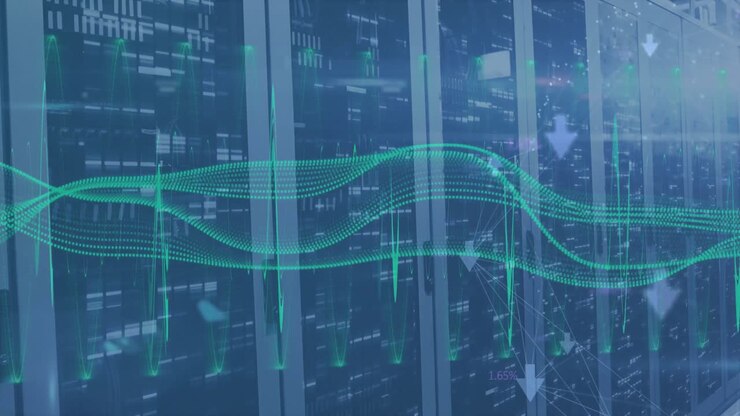 Animation of data processing and arrows over server room
