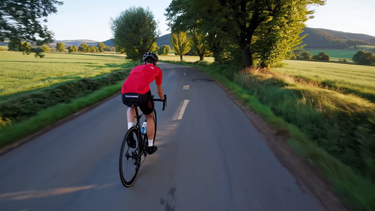 Video dinamico riprende un ciclista in maglia rossa da un'angolazione posteriore, che sfreccia lungo un viale alberato