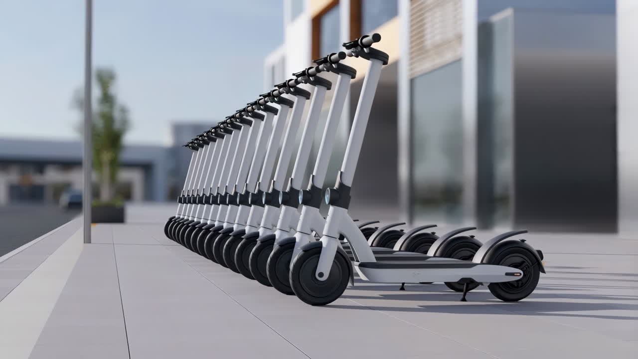 A line of modern electric scooters parked on a city sidewalk next to a building