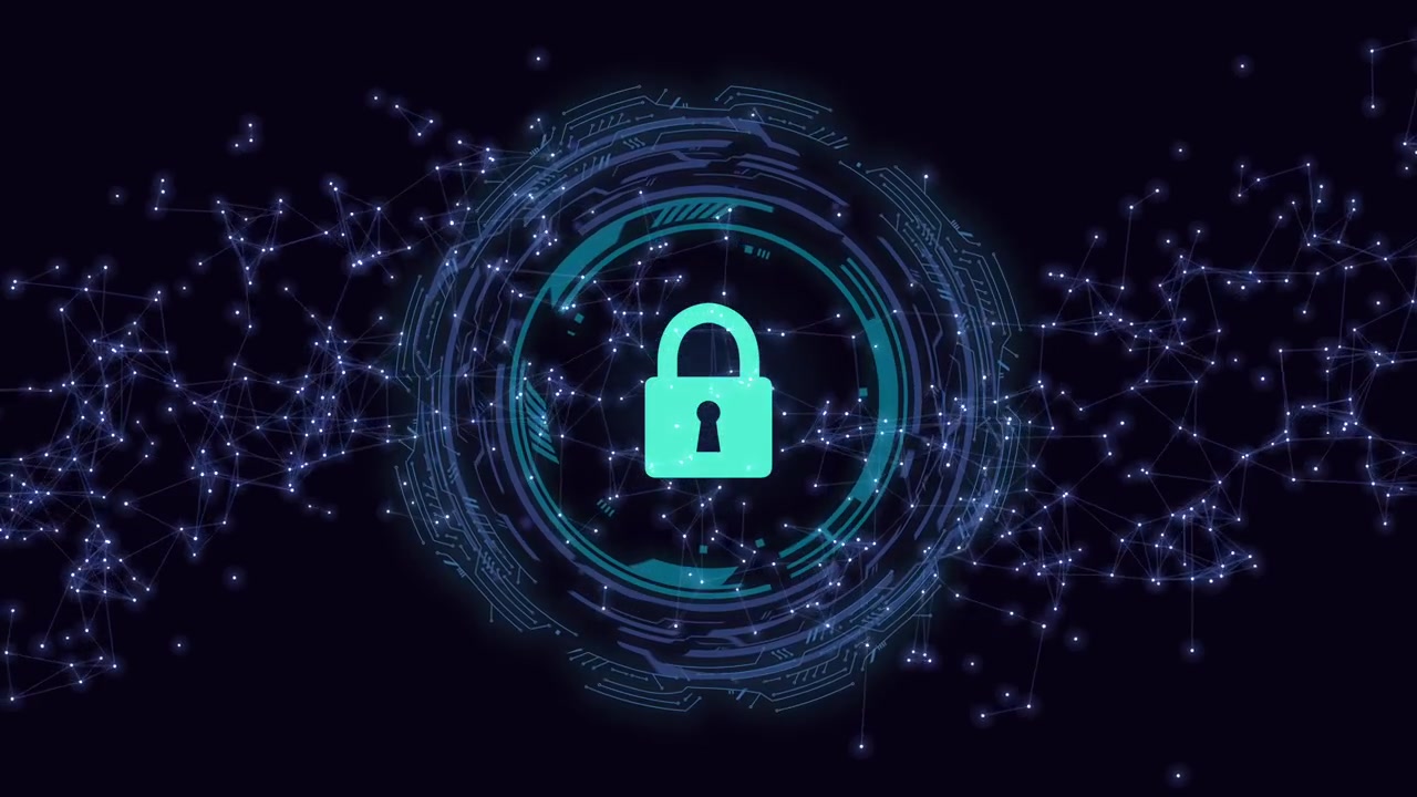 Cyber lock symbol with abstract network and glowing data connections