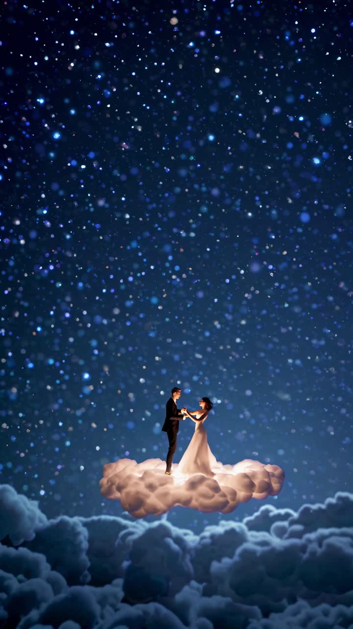 Romantic video concept with a couple dancing on a cloud under a starry sky