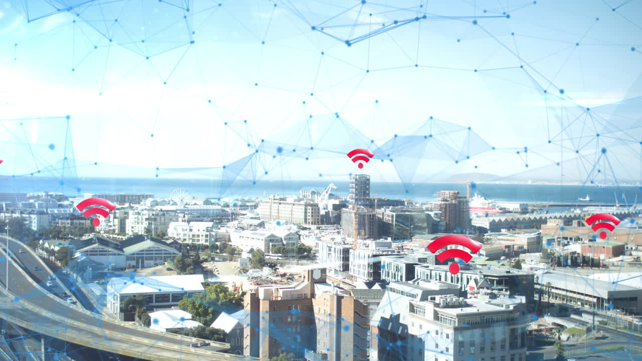 연결 네트워크와 도시 풍경에서 여러 개의 빨간 wi-fi 기호의 애니메이션
