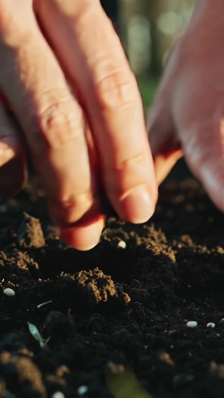 Vertical video: Hovering hand starting bare hands pressing white pellets into garden soil to plant