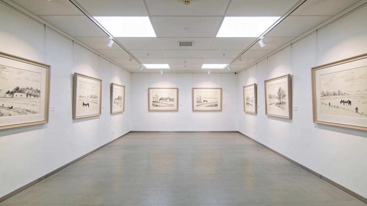 Eine sich bewegende Kamera enthüllt eine leere Galerie, die gerahmte monochrome Landschaften und Scheinwerfer hervorhebt.