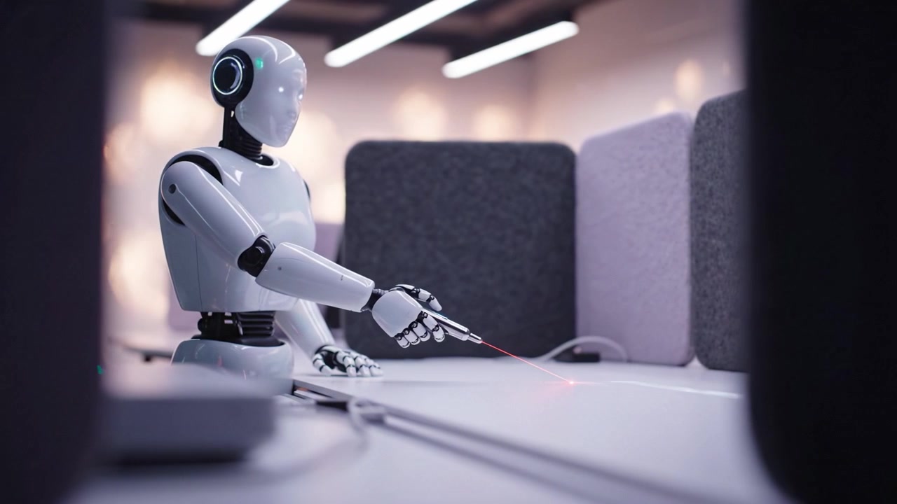Un assistente robotico futuristico utilizza uno strumento laser di precisione in uno spazio di lavoro moderno, mostrando tecnologia avanzata e automazione in un ambiente d'ufficio.
