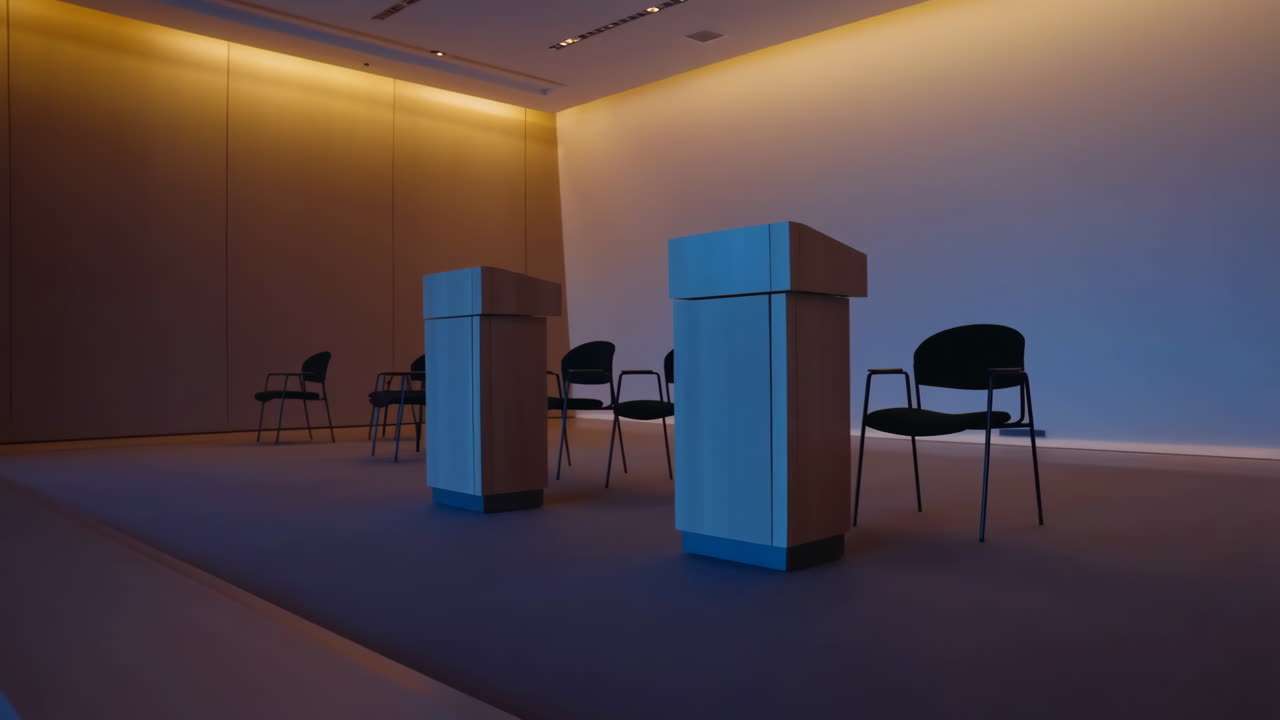 Empty Conference Room with Podiums and Chairs