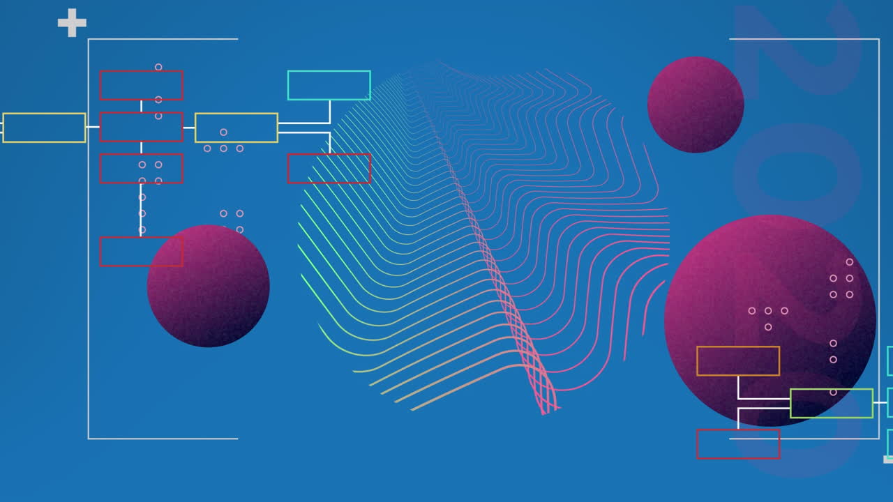 마커와 추상적인 모양의 애니메이션 처리 및 파란색 배경에 세 개의 보라색 구